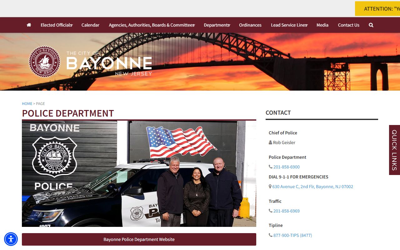 Bayonne Police Department page for inmate population records