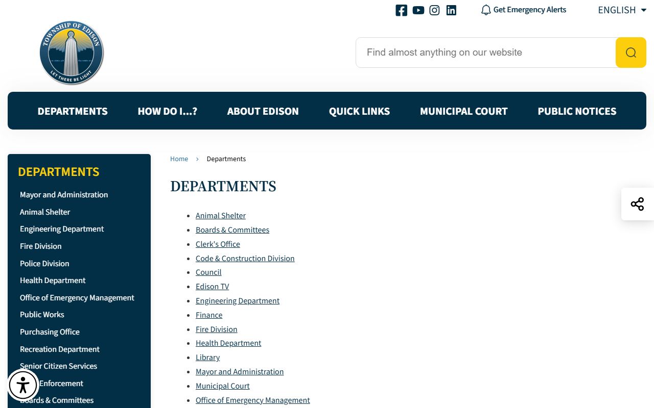 Edison Township departments and inmate population records