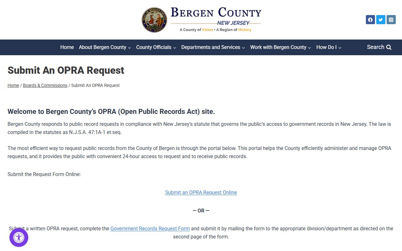 Bergen County OPRA request portal for inmate population records