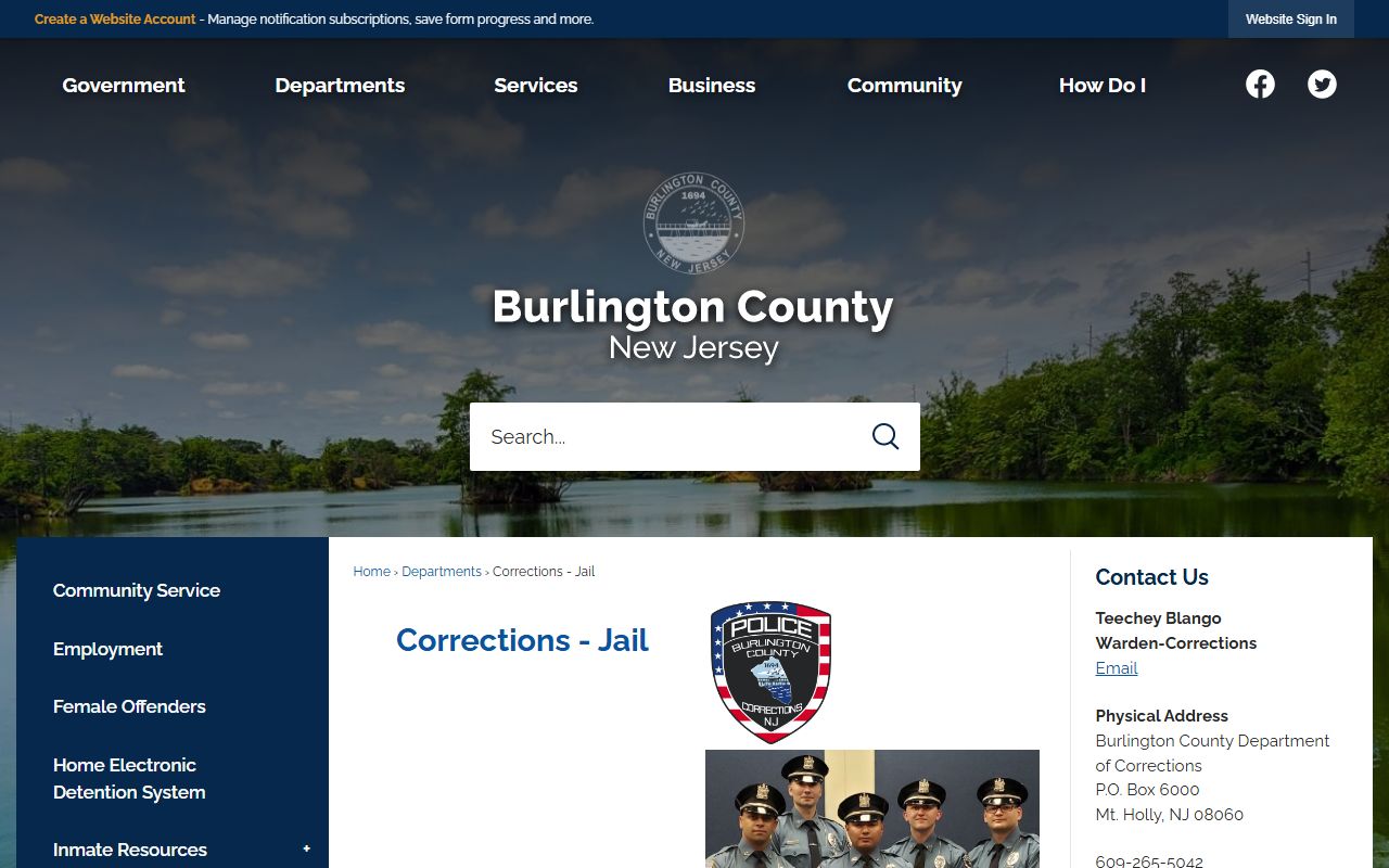Burlington County Corrections Division page for inmate population records