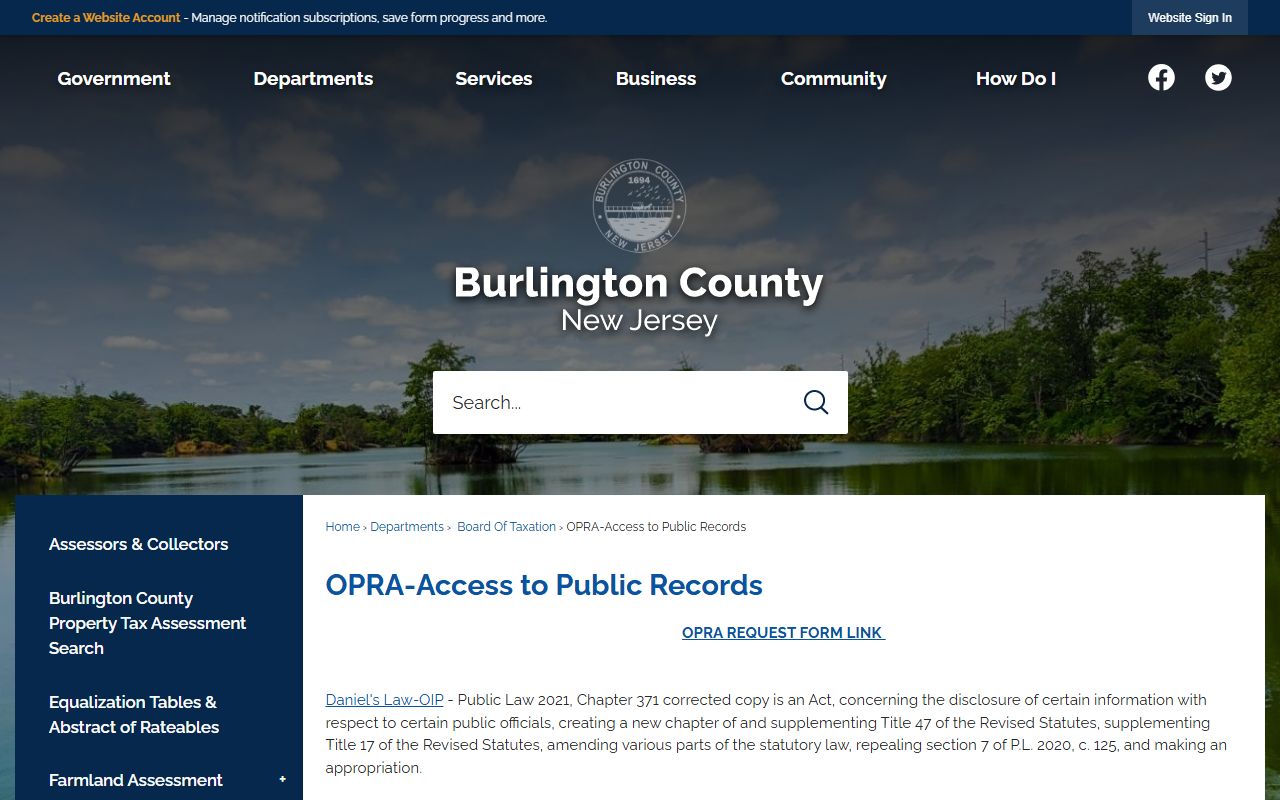 Burlington County OPRA access page for inmate population records