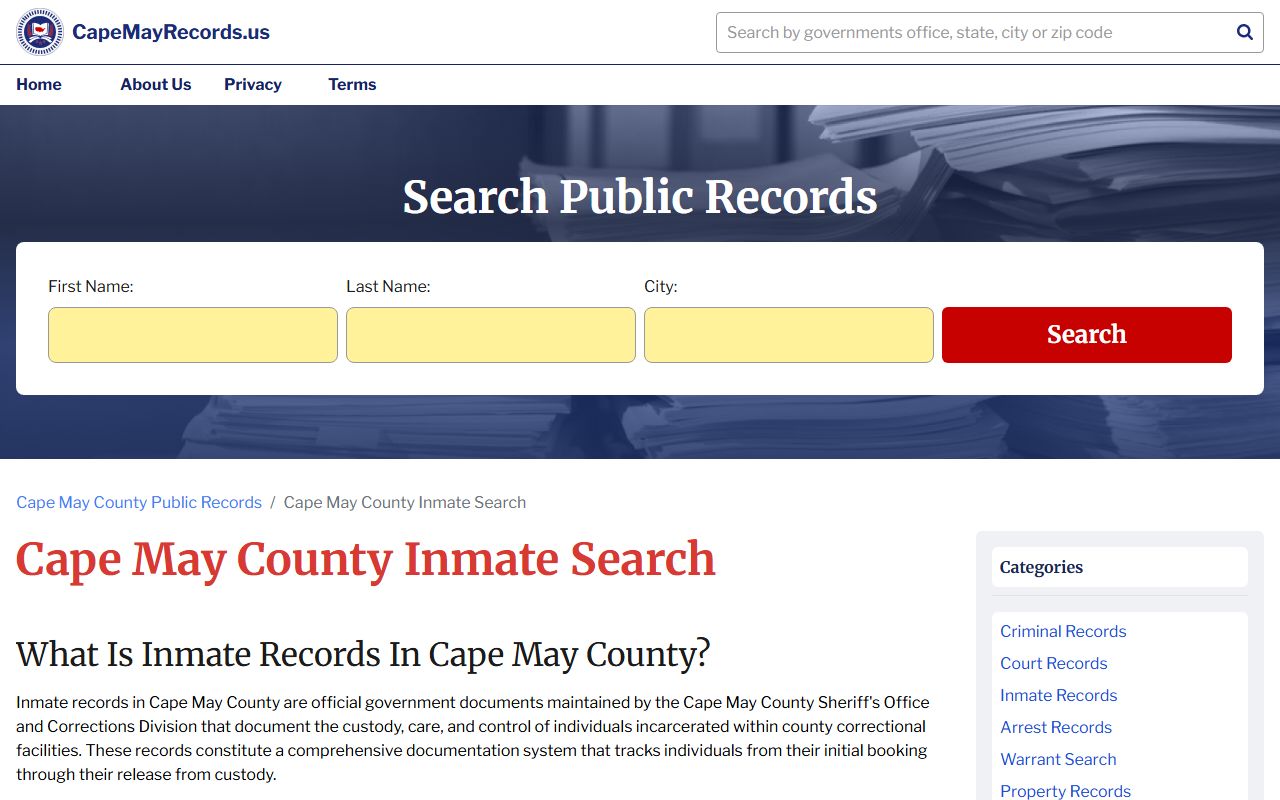 Cape May County inmate search page for inmate population records