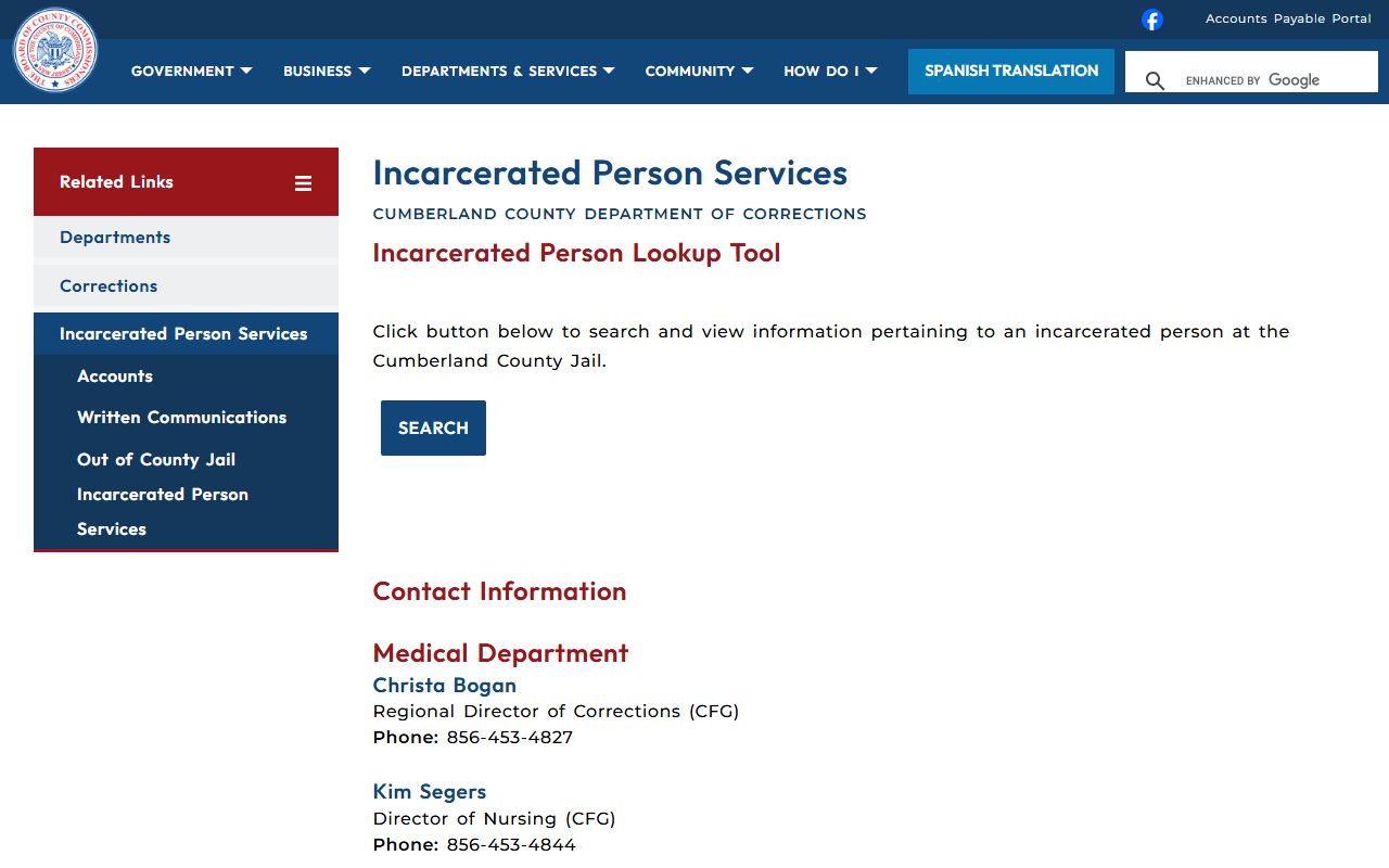 Cumberland County incarcerated person services and inmate population information in New Jersey