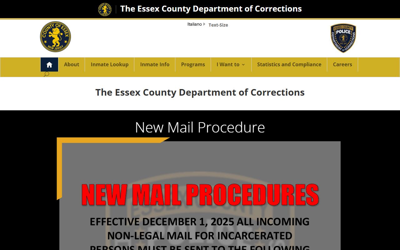 Essex County DOC official site for inmate population data in New Jersey