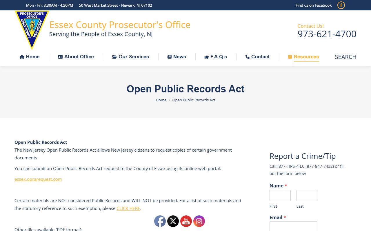 Essex County OPRA request process for inmate population records in New Jersey