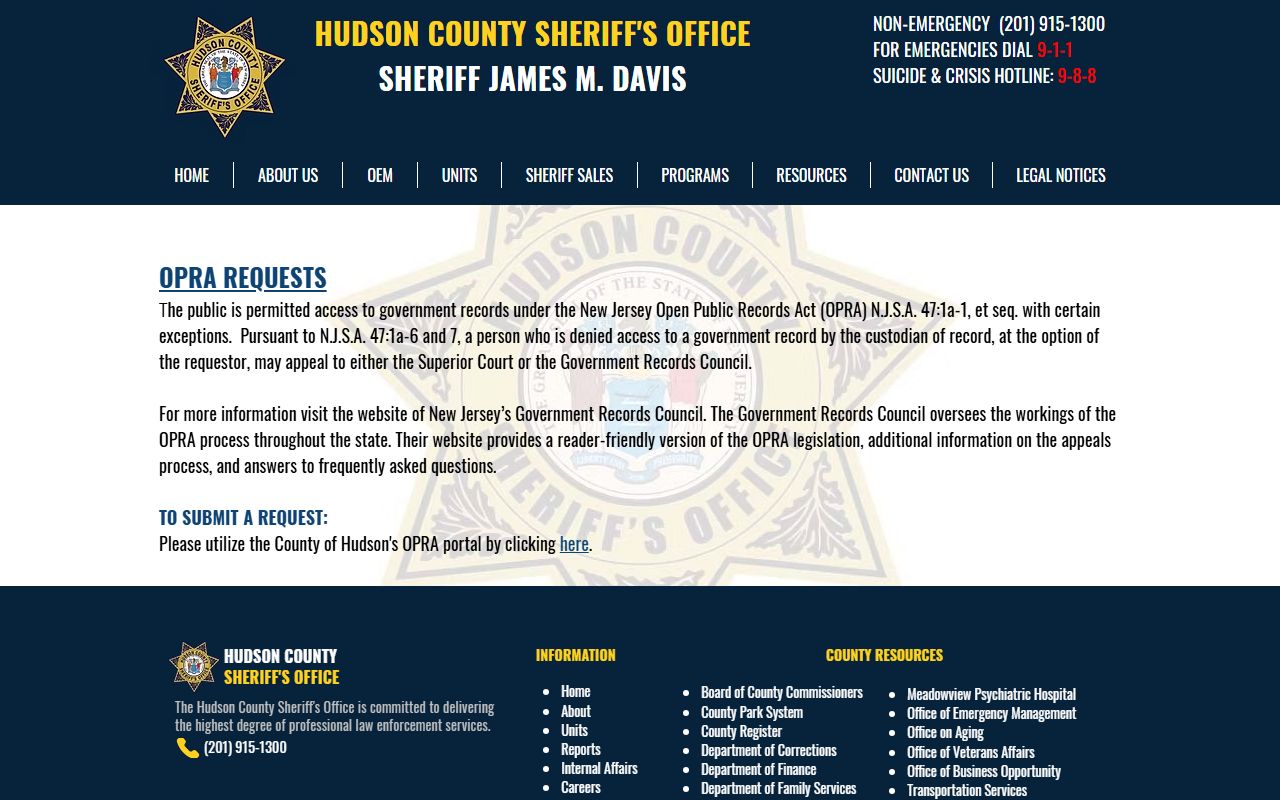 Hudson County Sheriff OPRA page for inmate population records in New Jersey