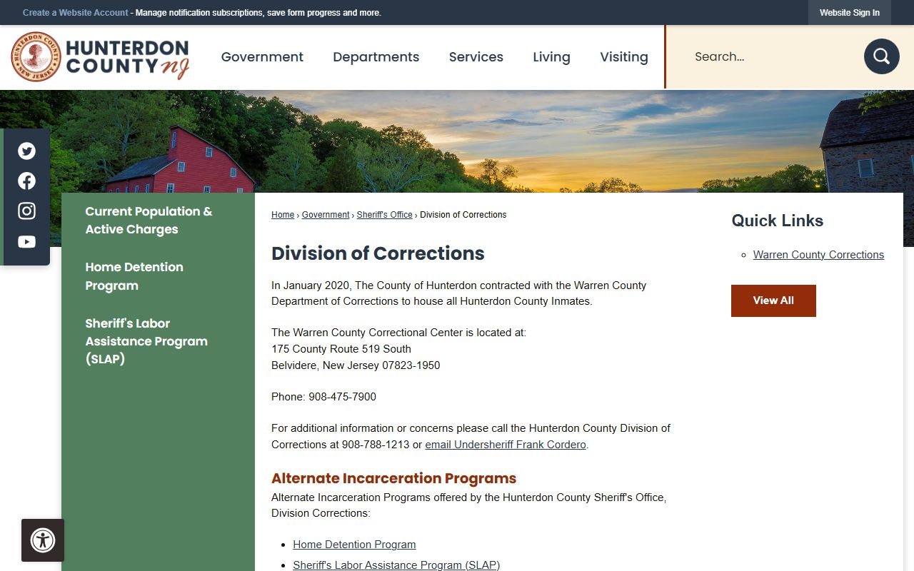 Hunterdon County Division of Corrections page for inmate population records in New Jersey