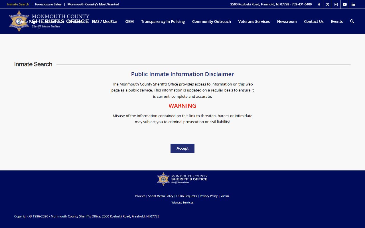 Monmouth County Sheriff inmate search page for inmate population records