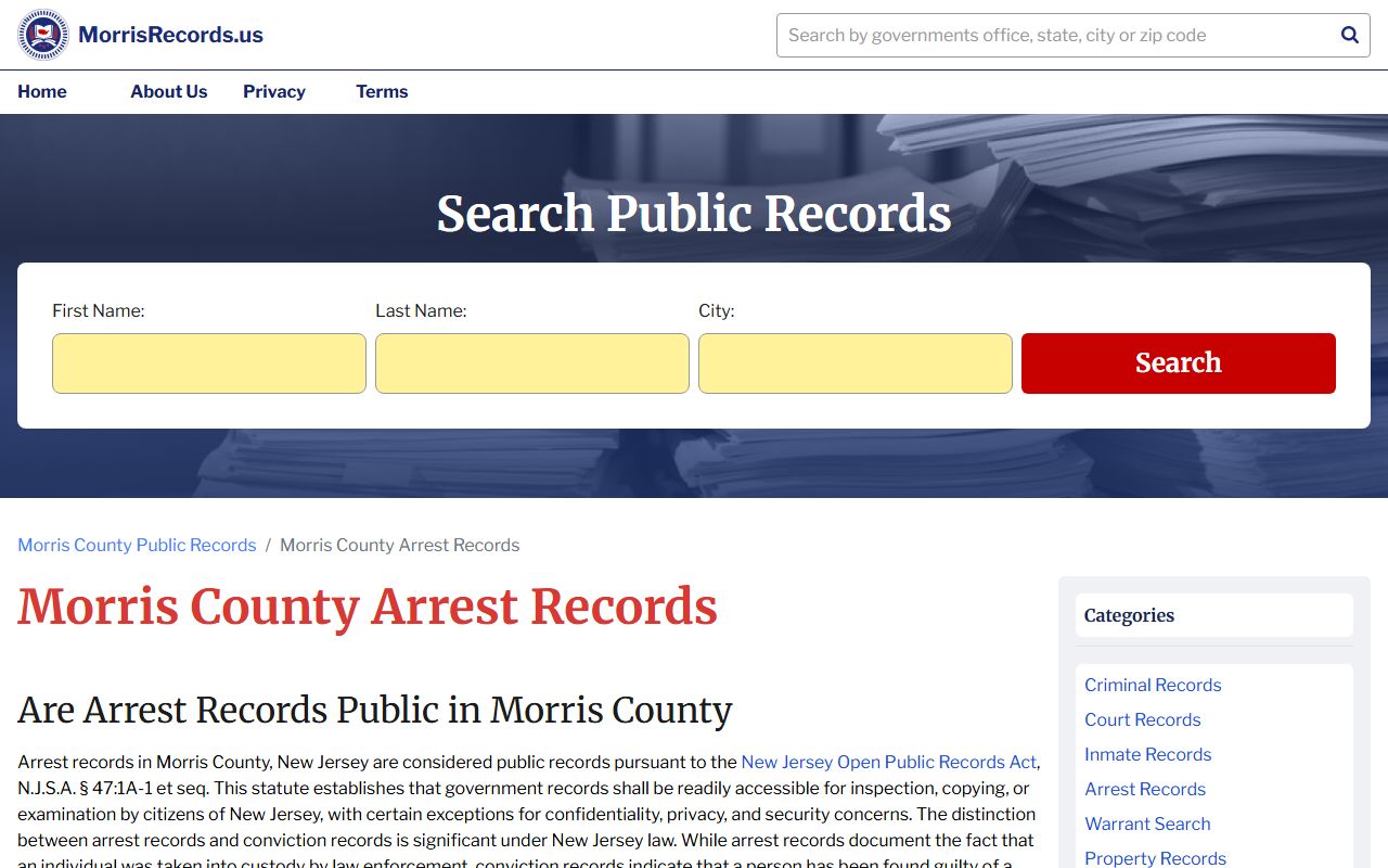 Morris County arrest records portal for inmate population data