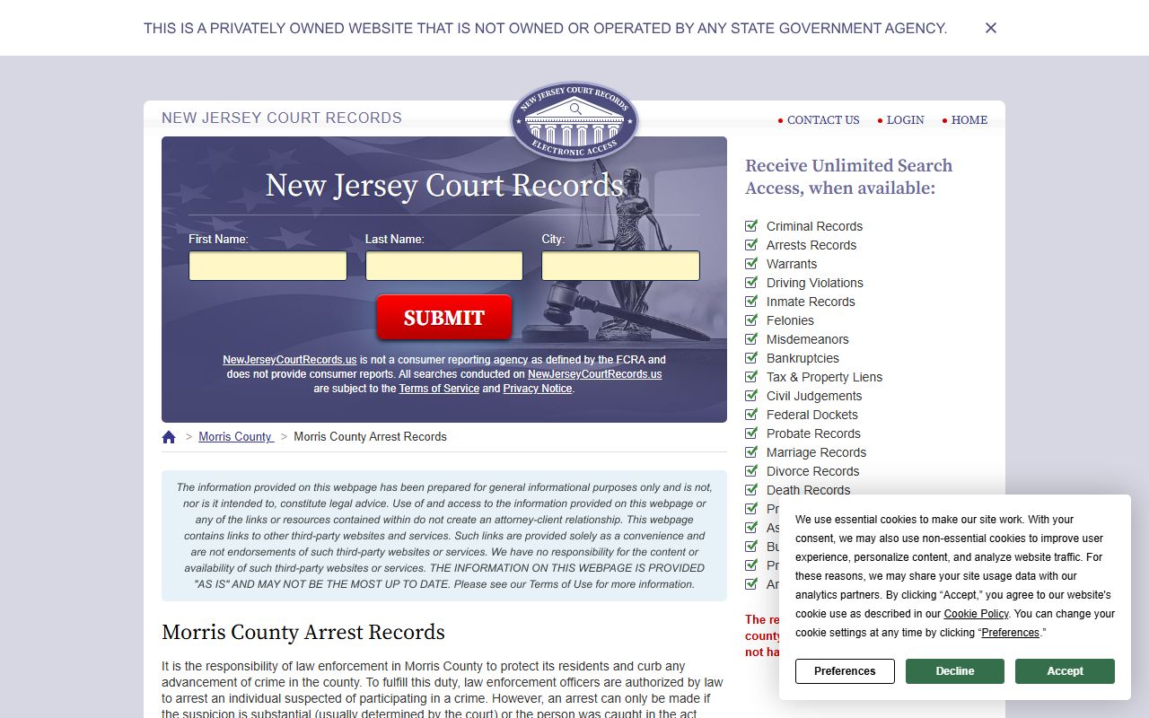 Morris County court records portal for inmate population data