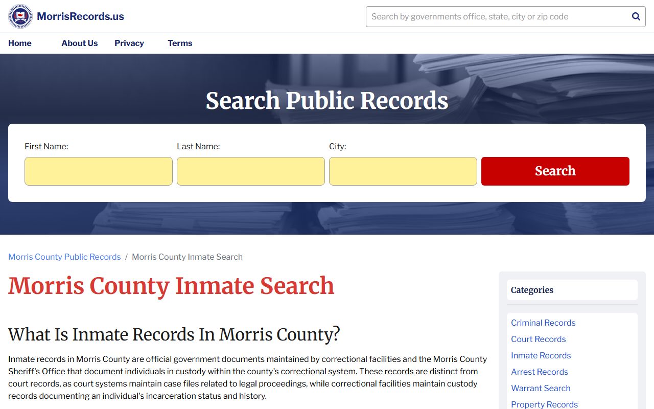 Morris County inmate search portal for inmate population records
