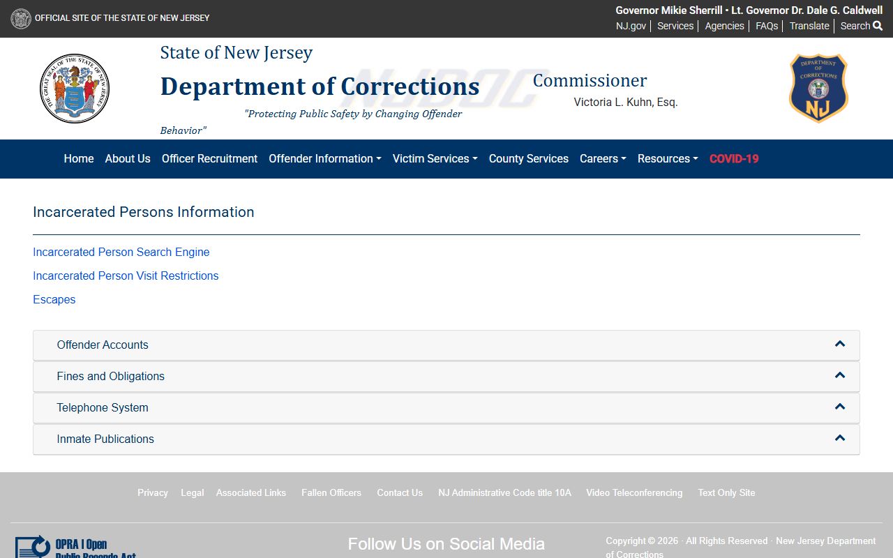 NJDOC offender search tool for Ocean County inmate population records