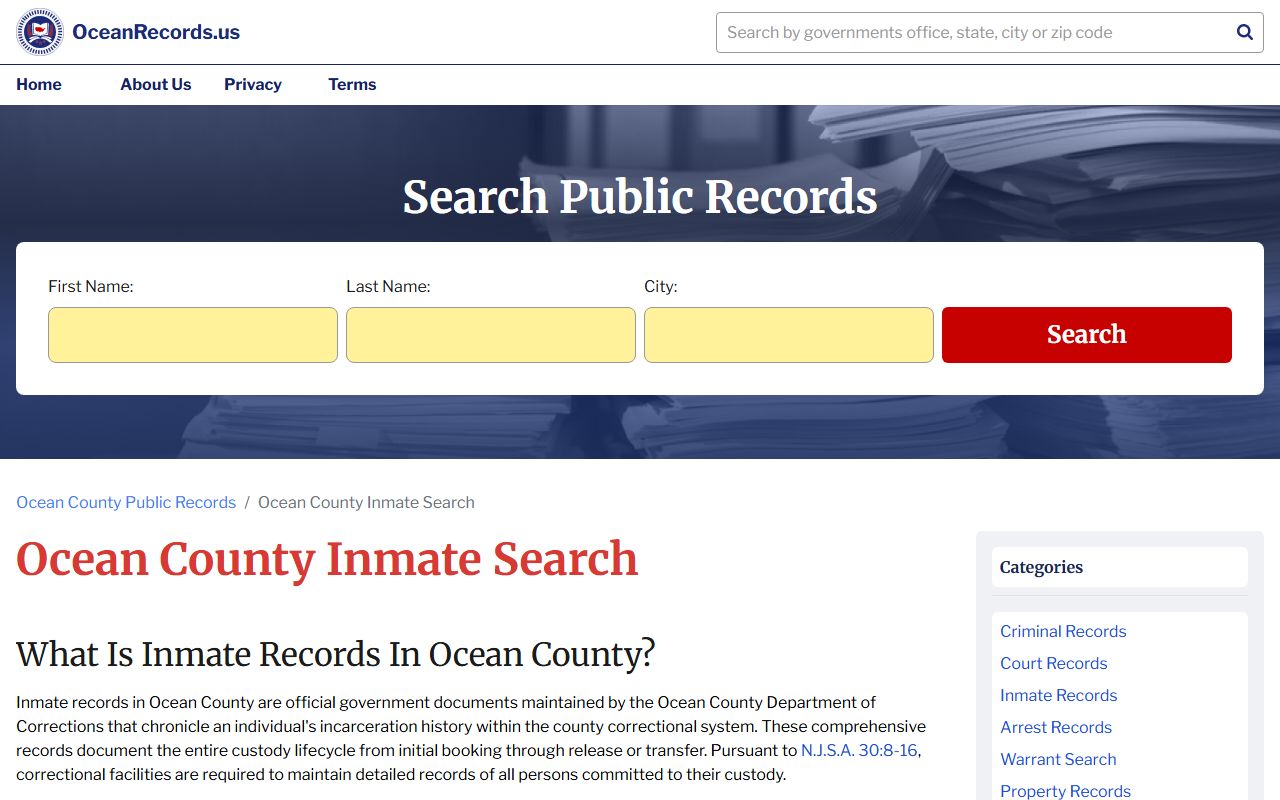 Ocean County inmate search portal for inmate population records