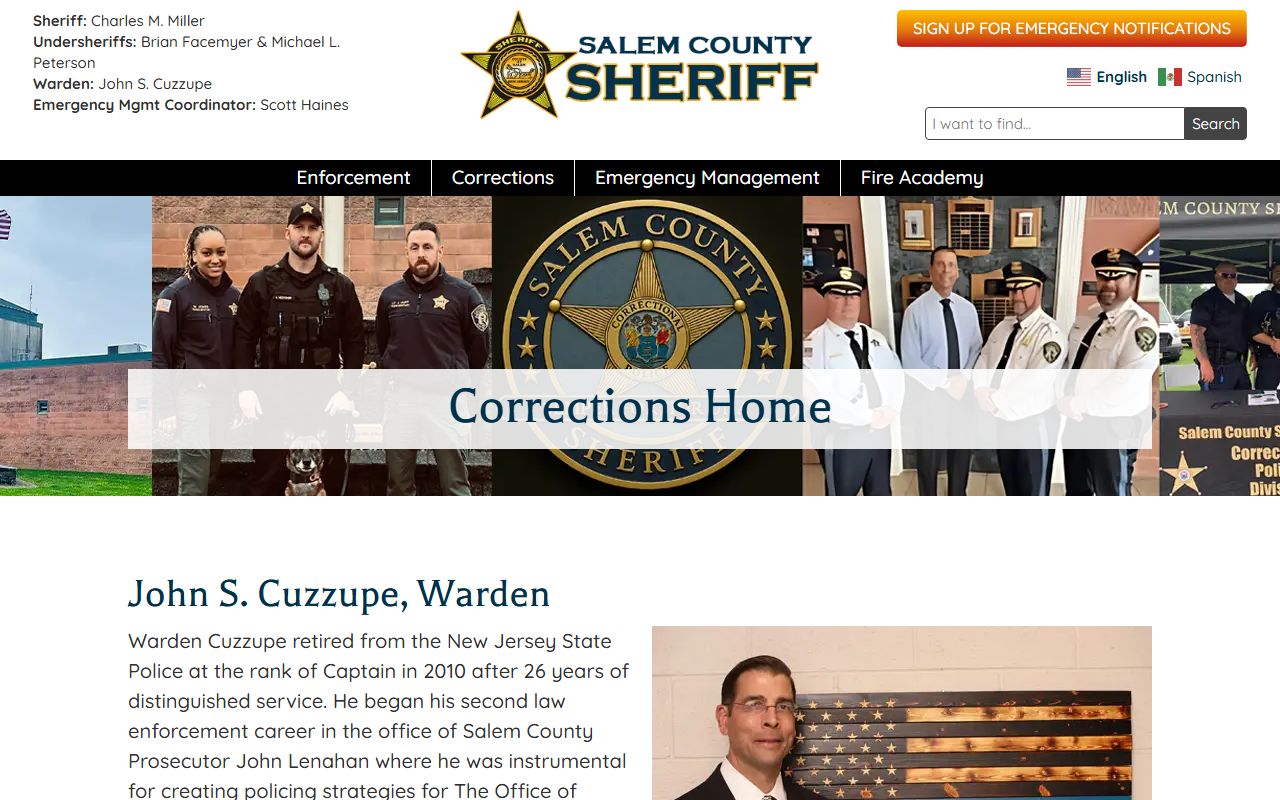 Salem County Corrections Division page with inmate population information