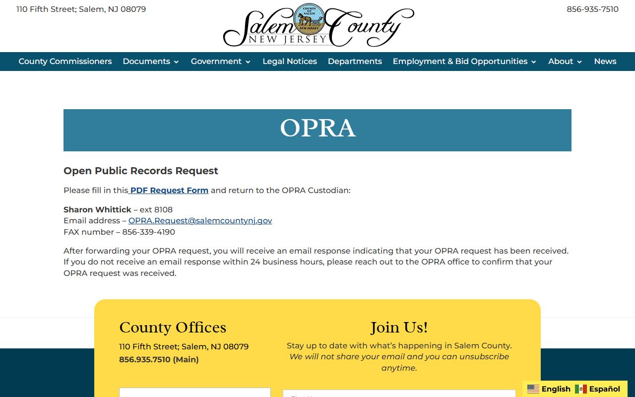 Salem County OPRA information page for requesting inmate population records