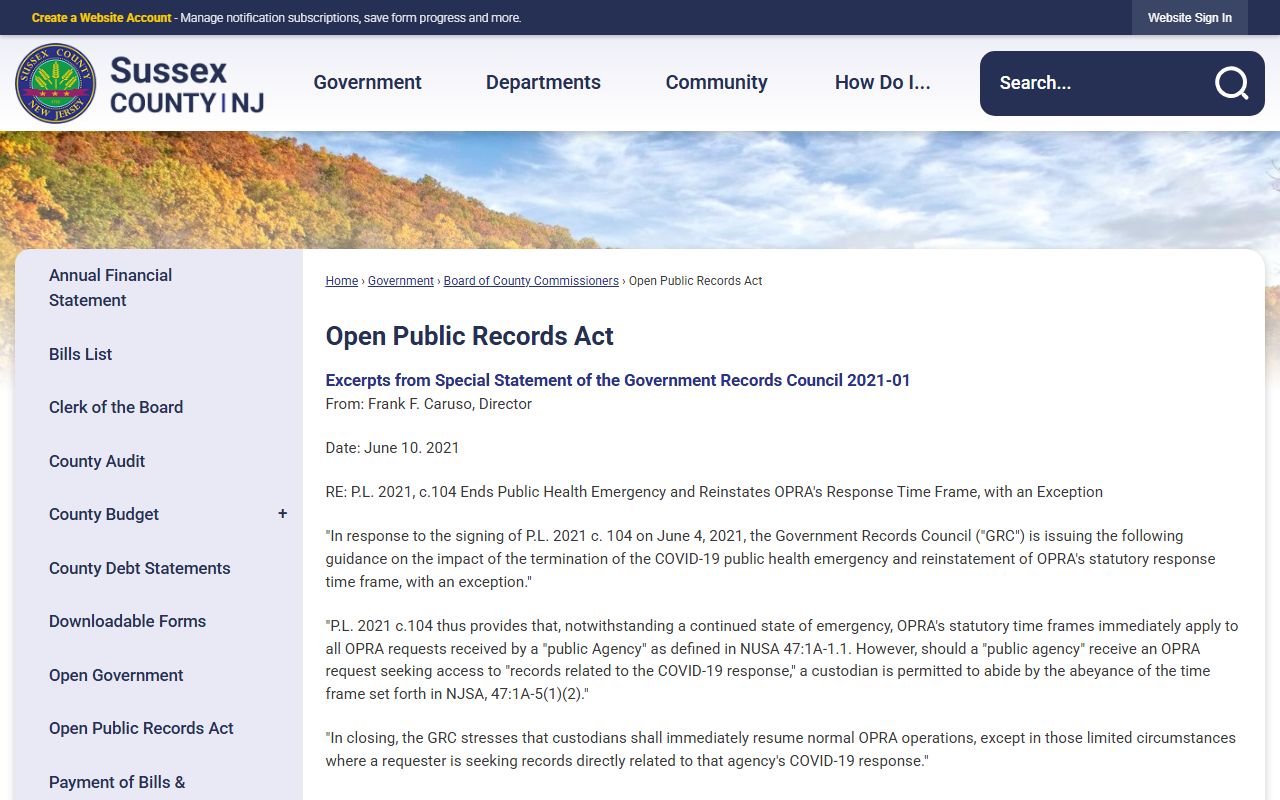 Sussex County Clerk OPRA page for requesting inmate population records