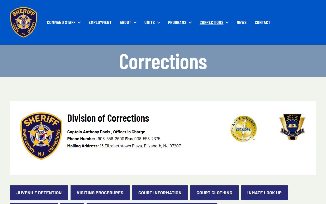 Union County Corrections Division page with inmate population program details
