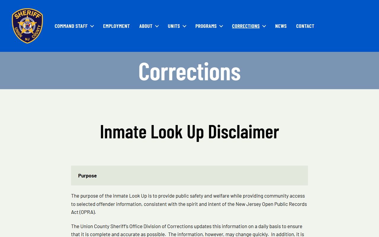 Union County inmate lookup disclaimer page for searching inmate population records