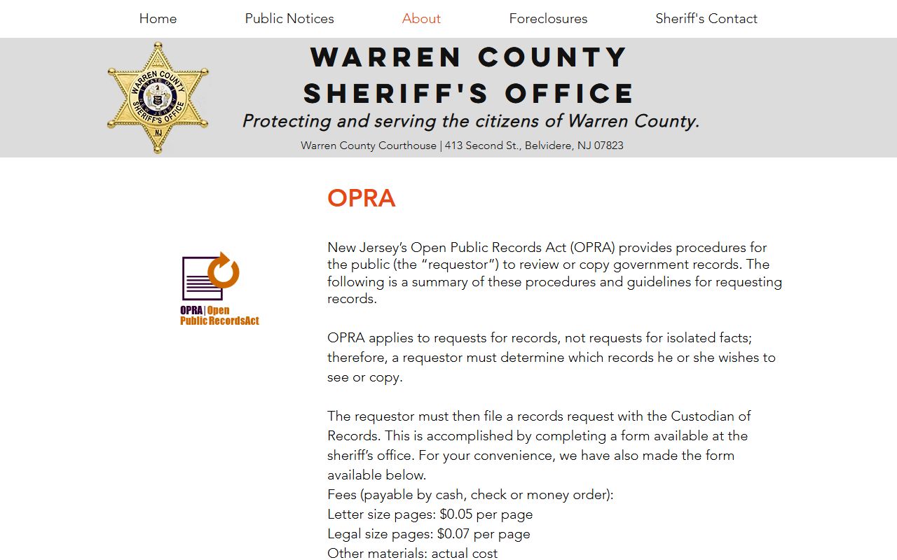 Warren County Sheriff OPRA page for requesting inmate population records