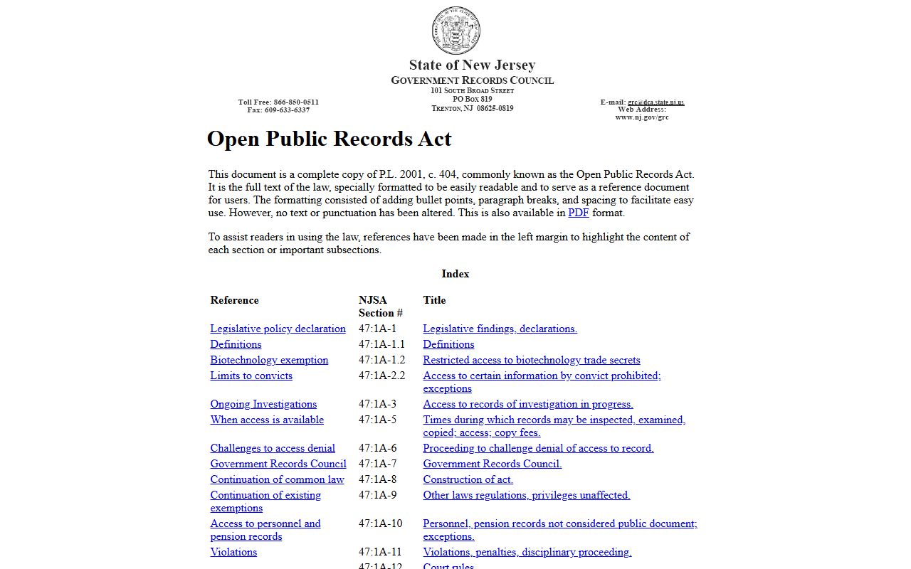 New Jersey Open Public Records Act page for inmate population records access