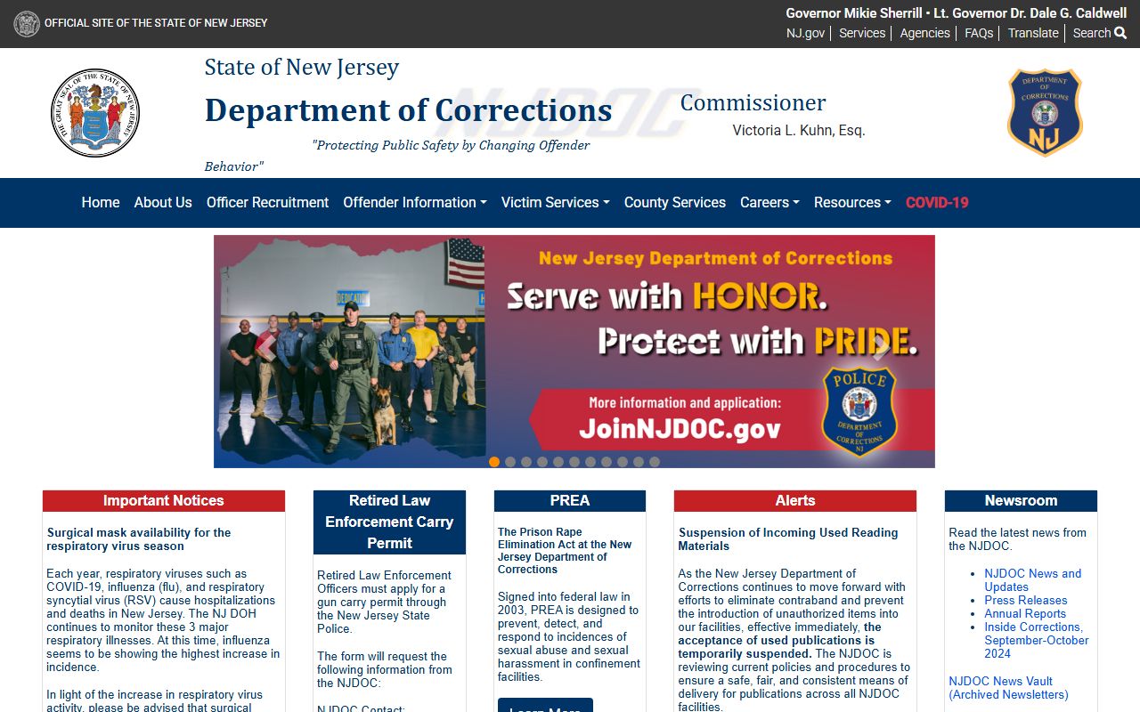 NJ Department of Corrections homepage for New Jersey inmate population information