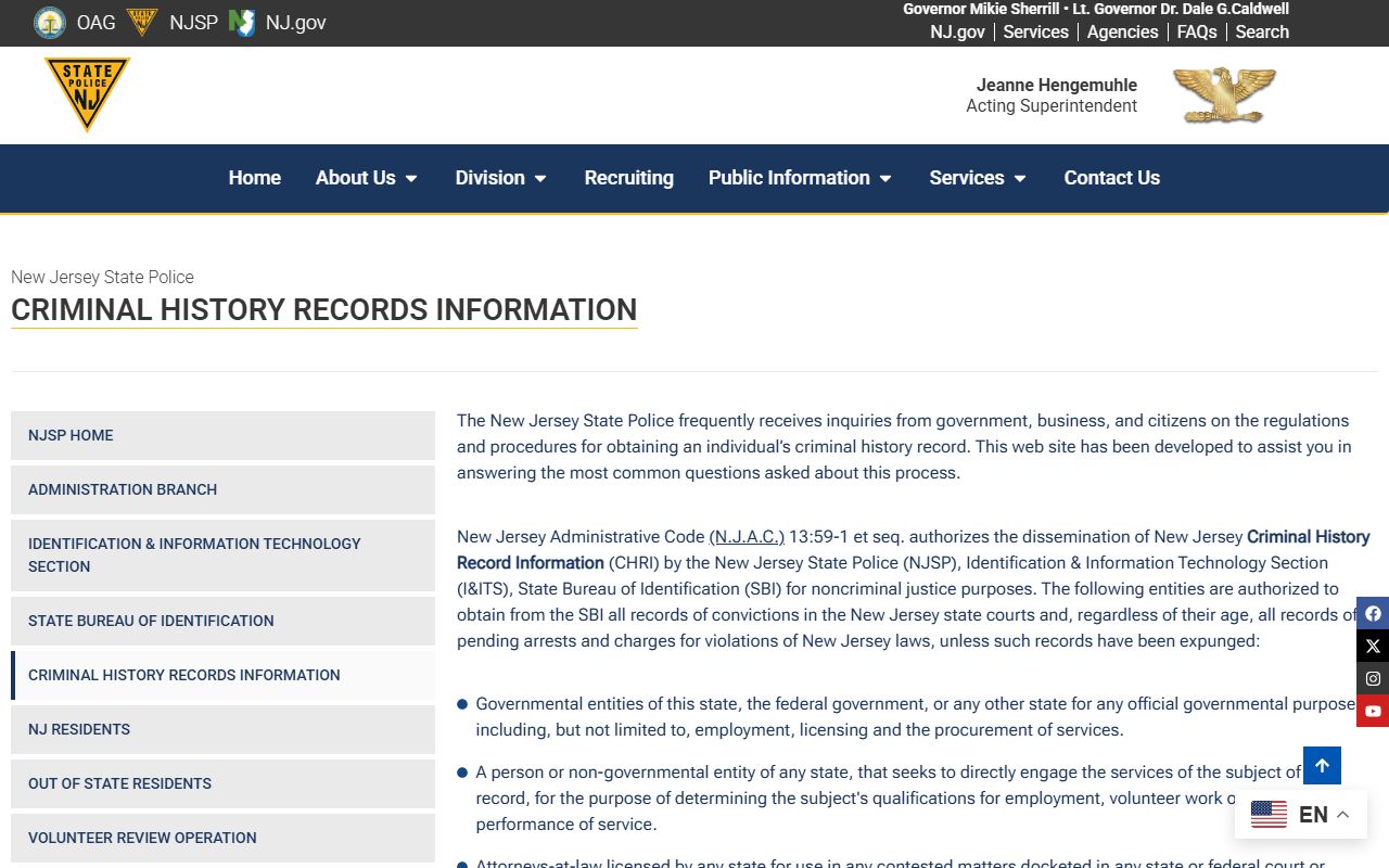 NJ State Police criminal history records related to New Jersey inmate population
