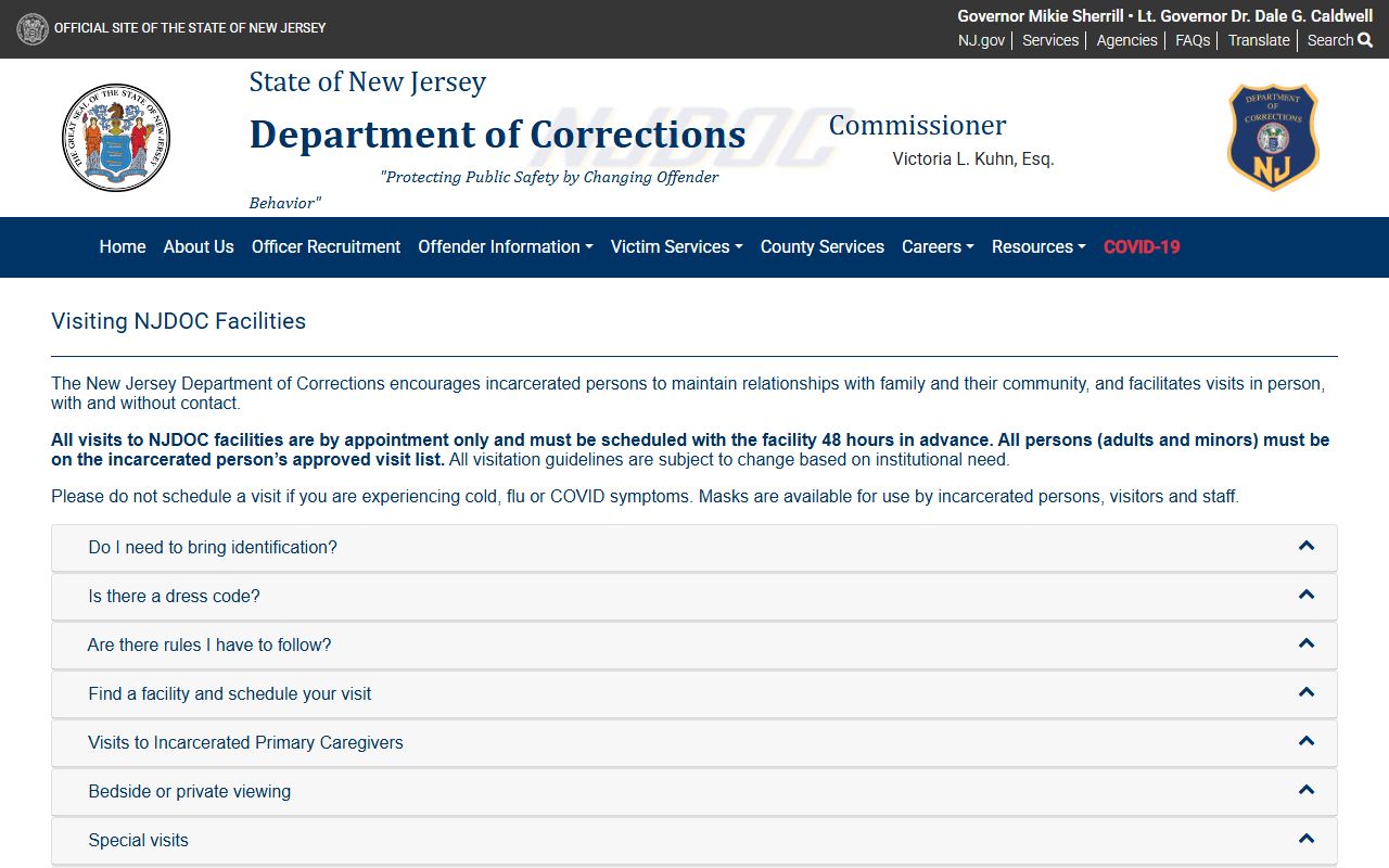 NJDOC visitation information related to New Jersey inmate population
