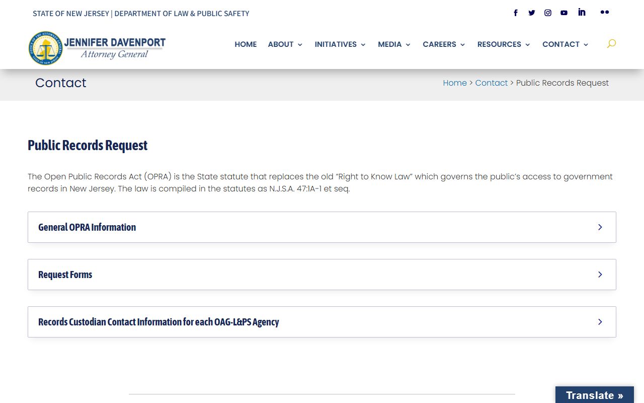 Office of Attorney General public records request for New Jersey inmate population data